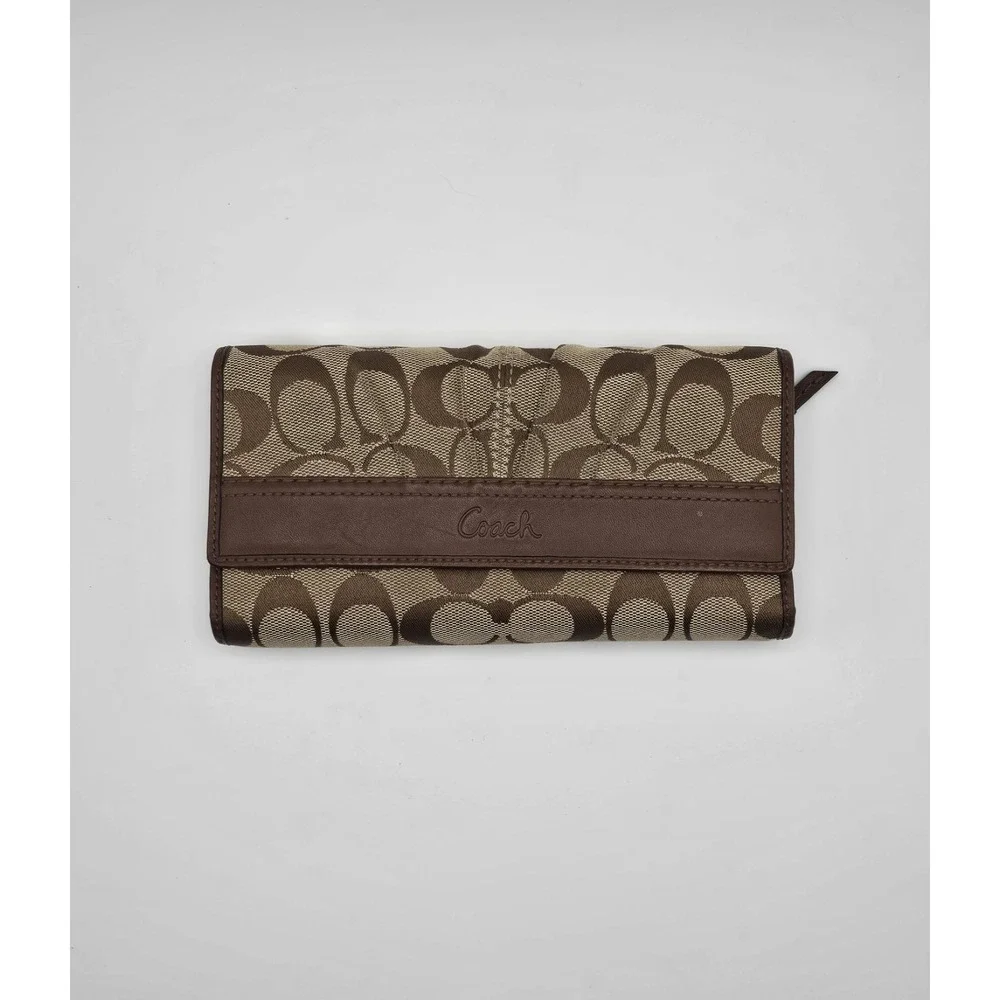 Coach Signature C Monogram Brown Leather Trim Trifold Wallet Pleated